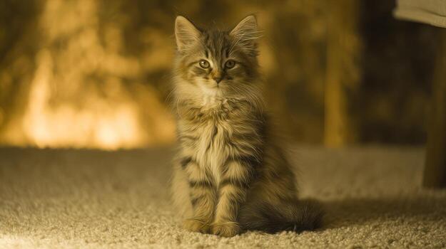 Adorable kitten posing for camera indoors on textured rug photo