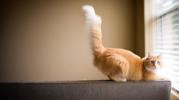 Ginger cat standing on furniture near window with blinds photo