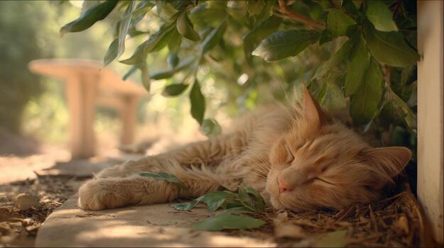 Orange cat resting under green foliage in sunlight with blurred background photo