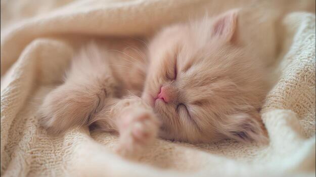 Sleeping kitten resting peacefully on a soft blanket tranquil scene photo