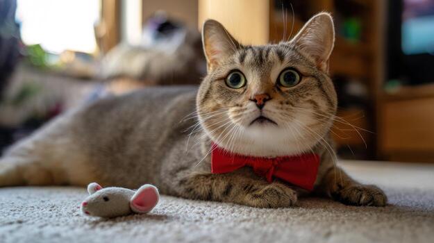 Tabby cat with red bow tie relaxes indoors with toy mouse on the carpet photo