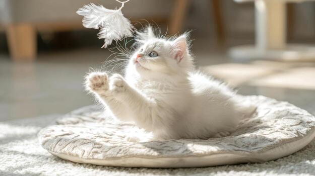 Fluffy white kitten plays with feather toy on patterned cushion indoors photo