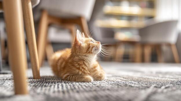 Ginger cat resting indoors on patterned carpet near furniture natural lighting photo