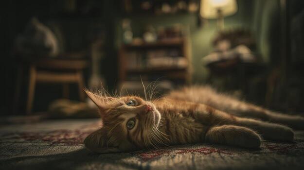 Orange cat rests on a patterned rug indoors with ambient lighting photo