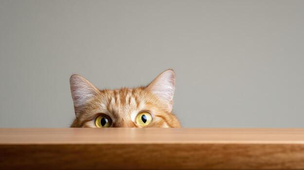 Curious ginger cat peeking over wooden surface against a neutral backdrop photo
