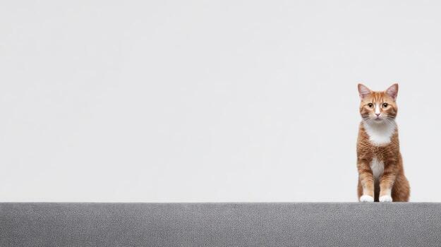 Ginger cat sits on a gray surface against a bright white background photo