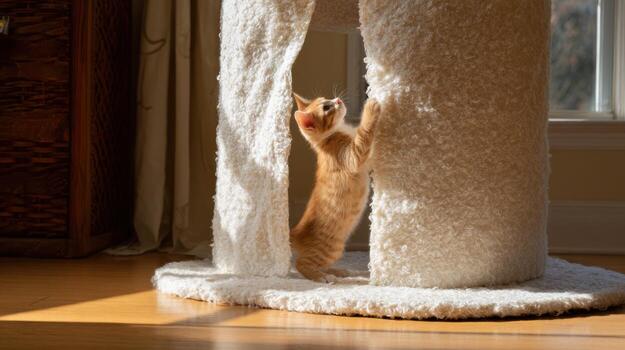 jengibre gatito alpinismo un texturizado gato árbol en calentar luz de sol foto