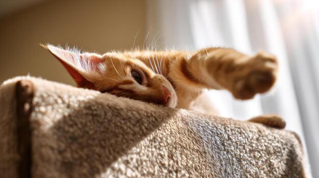 Orange cat resting on a soft surface in bright sunlight photo
