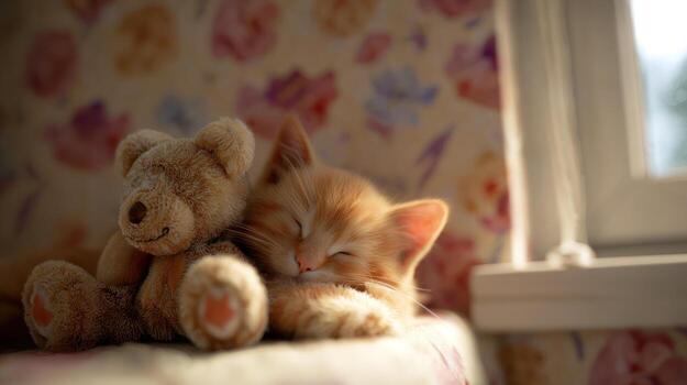 Sleeping ginger kitten cuddling a teddy bear in soft natural sunlight photo