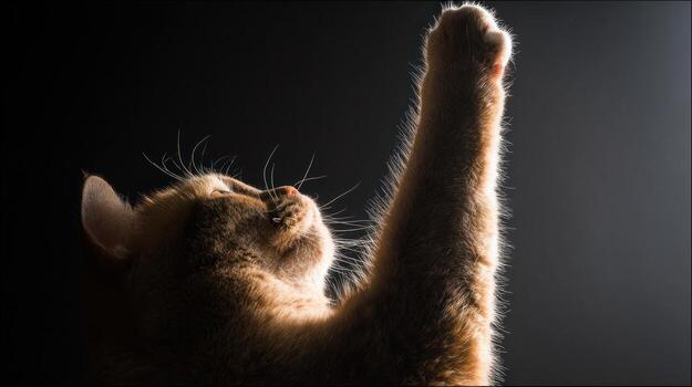Ginger cat paw raised dramatically against a black background photo