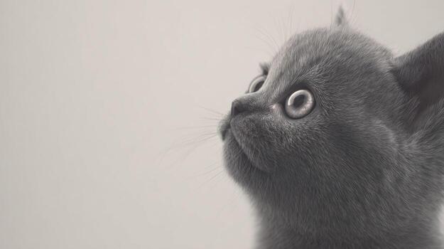 Curious grey kitten portrait looking upwards on a bright background photo