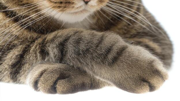 Close up of tabby cat paw on white background for creative design photo