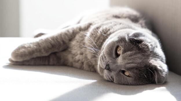 Gray cat resting indoors in sunlight soft fur and relaxed posture photo
