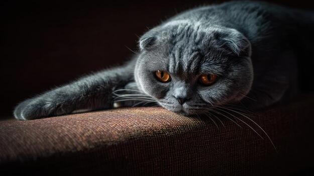 Scottish fold cat portrait with striking orange eyes on a dark background photo