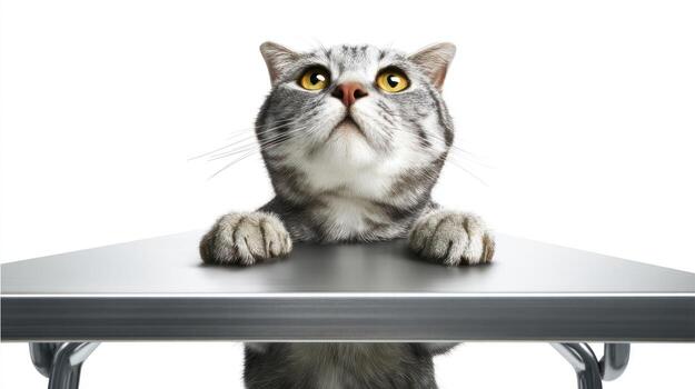 Curious cat gazing upwards against a plain background above a table photo