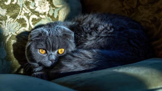 Grey scottish fold cat with golden eyes resting on a pillow photo