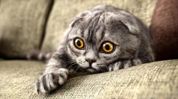 Curious cat with striking eyes resting on a soft textured surface photo