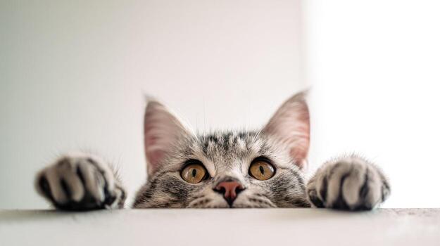 Curious cat peering over edge with striped fur and focused gaze photo
