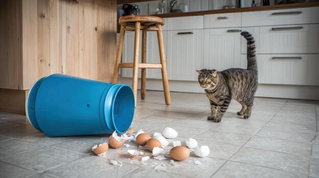 Cat with eggshell remains and fallen blue container on kitchen floor photo