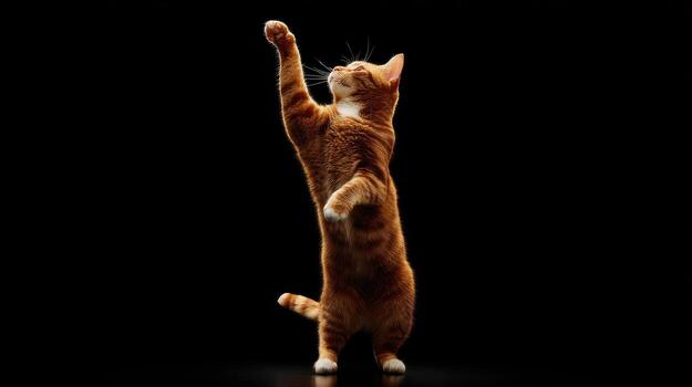 Ginger cat reaching upwards against black backdrop in studio setting photo