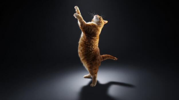Ginger cat reaching upward against dark background studio shot photo