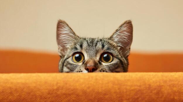 Close up of a tabby cat peering over a vibrant orange surface background photo