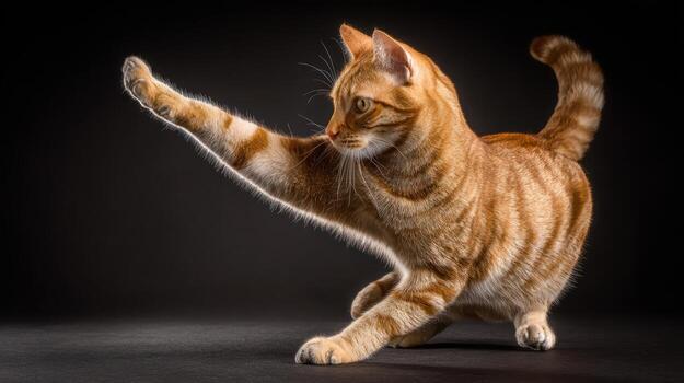 naranja atigrado gato alcanzando arriba con a rayas piel en contra un oscuro antecedentes foto
