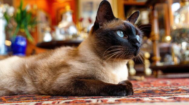 Siamese cat resting on patterned rug soft focus background interior shot photo