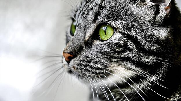 Close up portrait of a domestic cat with striking green eyes and patterned fur photo