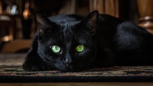 Black cat with green eyes relaxing indoors on a patterned rug photo