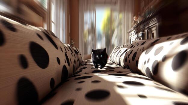 Black cat runs on a patterned sofa in a domestic setting photo