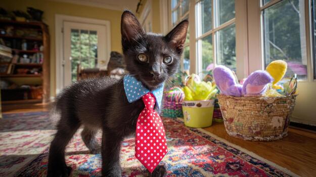 Black cat with a tie indoors near basket and window photo