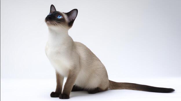 Elegant siamese cat posing against white background looking upwards photo
