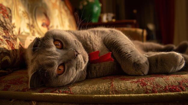 Gray cat resting on a patterned surface with a red bow indoor scene photo