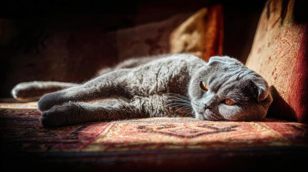 Sleeping cat resting indoors on a patterned surface illuminated by sunlight photo