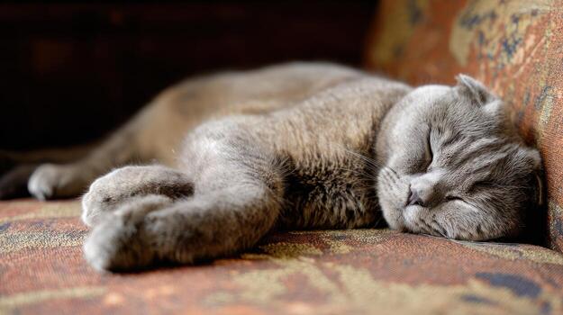 Sleeping gray cat resting on a patterned fabric surface indoors photo
