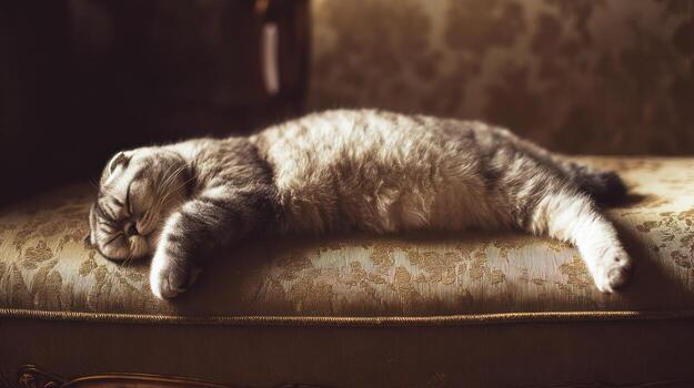 Cat resting peacefully on a patterned upholstered sofa in soft lighting photo