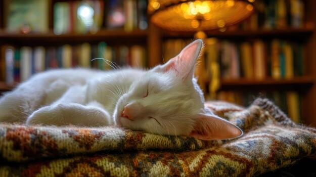 Sleeping white cat resting on a patterned blanket in front of a bookshelf photo