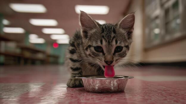 atigrado gatito bebidas desde cuenco adentro en un habitación con suave difundido Encendiendo foto