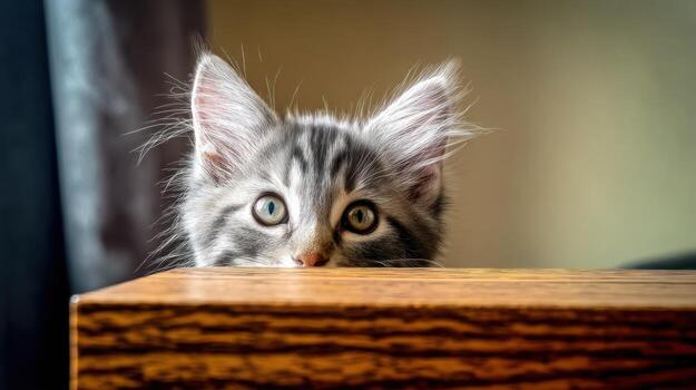 Curious kitten peeking over wooden surface in soft focus photo
