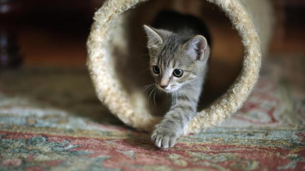 Curious kitten emerges from tunnel on patterned carpet in soft indoor lighting photo