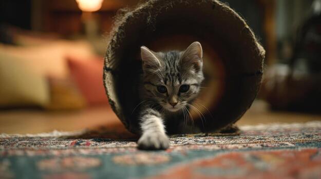 Curious kitten emerging from a circular structure on patterned carpet indoors photo