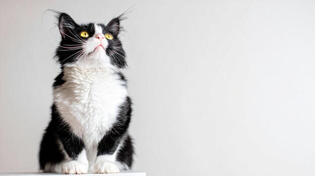 Curious black and white cat looking upward against white background photo