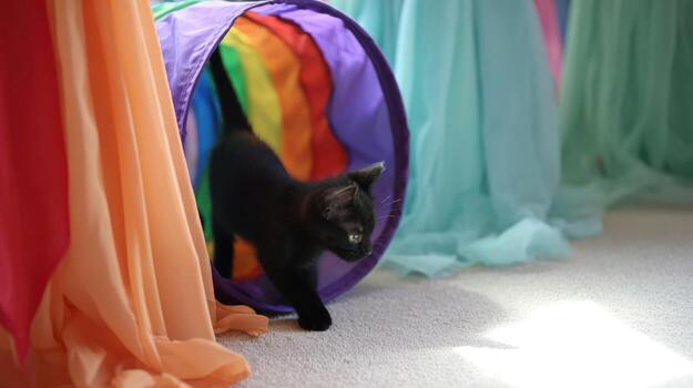 Playful black kitten emerging from a colorful rainbow tunnel indoors photo