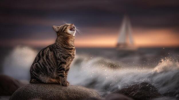 gato se sienta en rock maullidos y miradas exterior hacia Oceano y velero foto