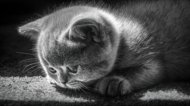 Close up grayscale portrait of a resting domestic kitten on a textured surface photo
