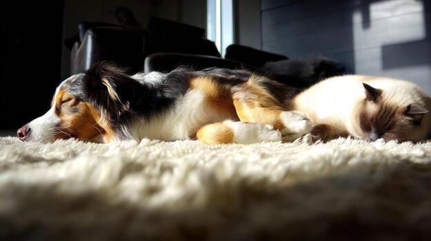 Dog and cat peacefully resting together on a soft carpet in sunlight photo