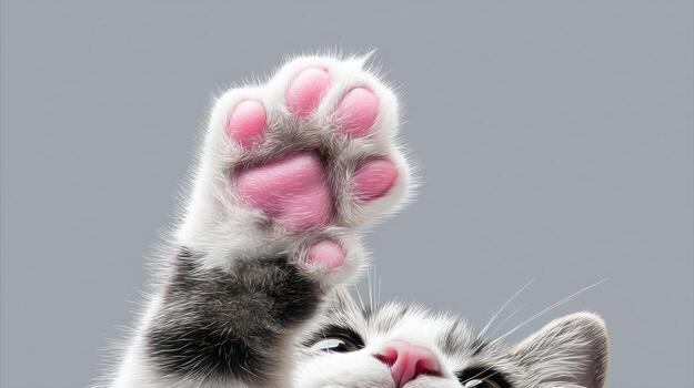 Close up view of a domestic cats paw with pink pads against a gray backdrop photo