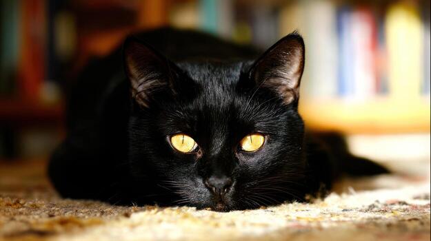 Black cat with bright yellow eyes resting indoors on patterned surface photo