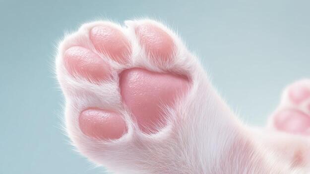 Close up of a cat paw showing pink pads and white fur against a soft background photo